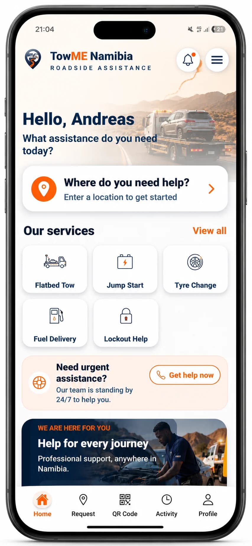 The TowME Namibia client home screen