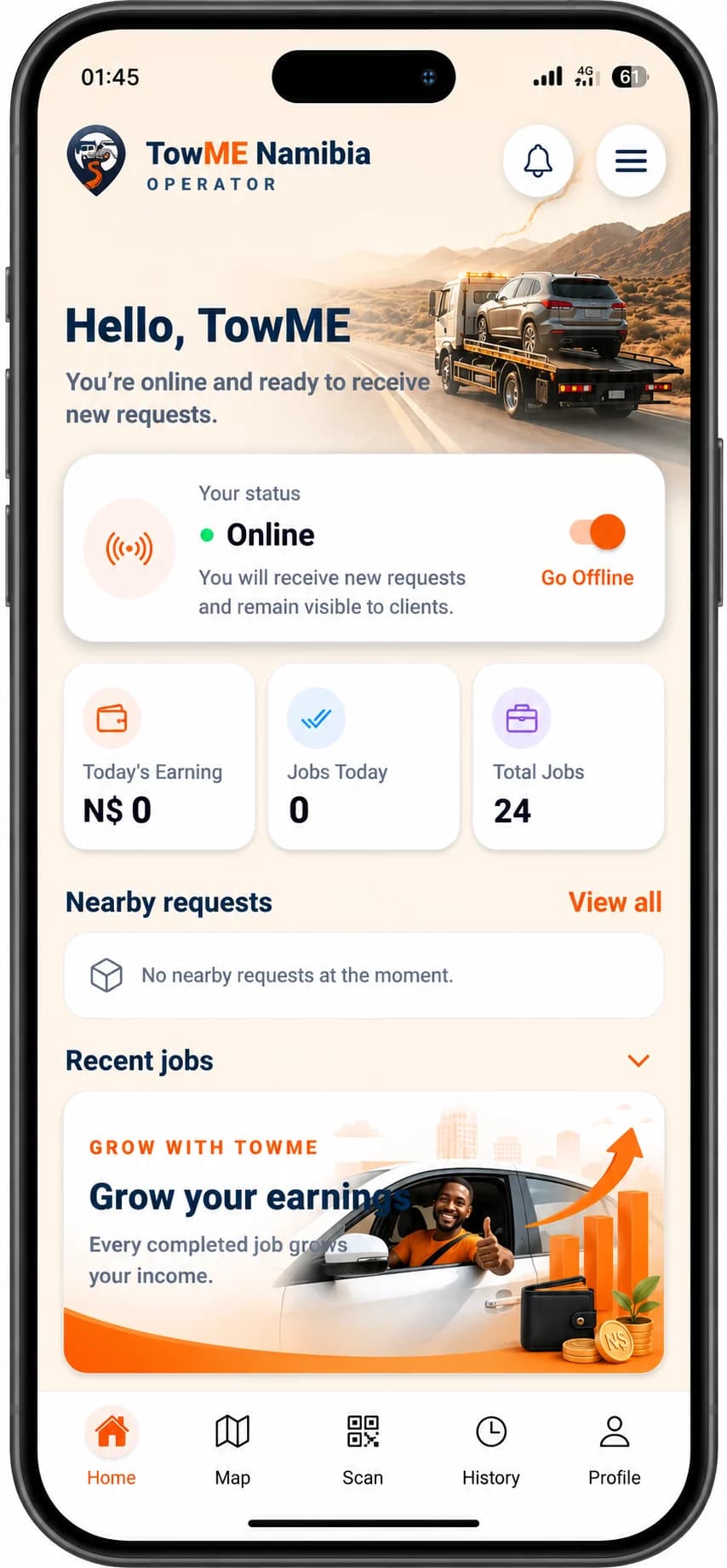 The TowME Namibia operator home screen