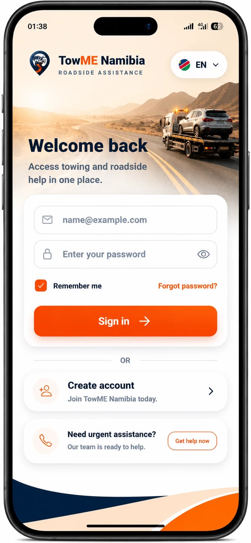 The TowME Namibia sign-in screen