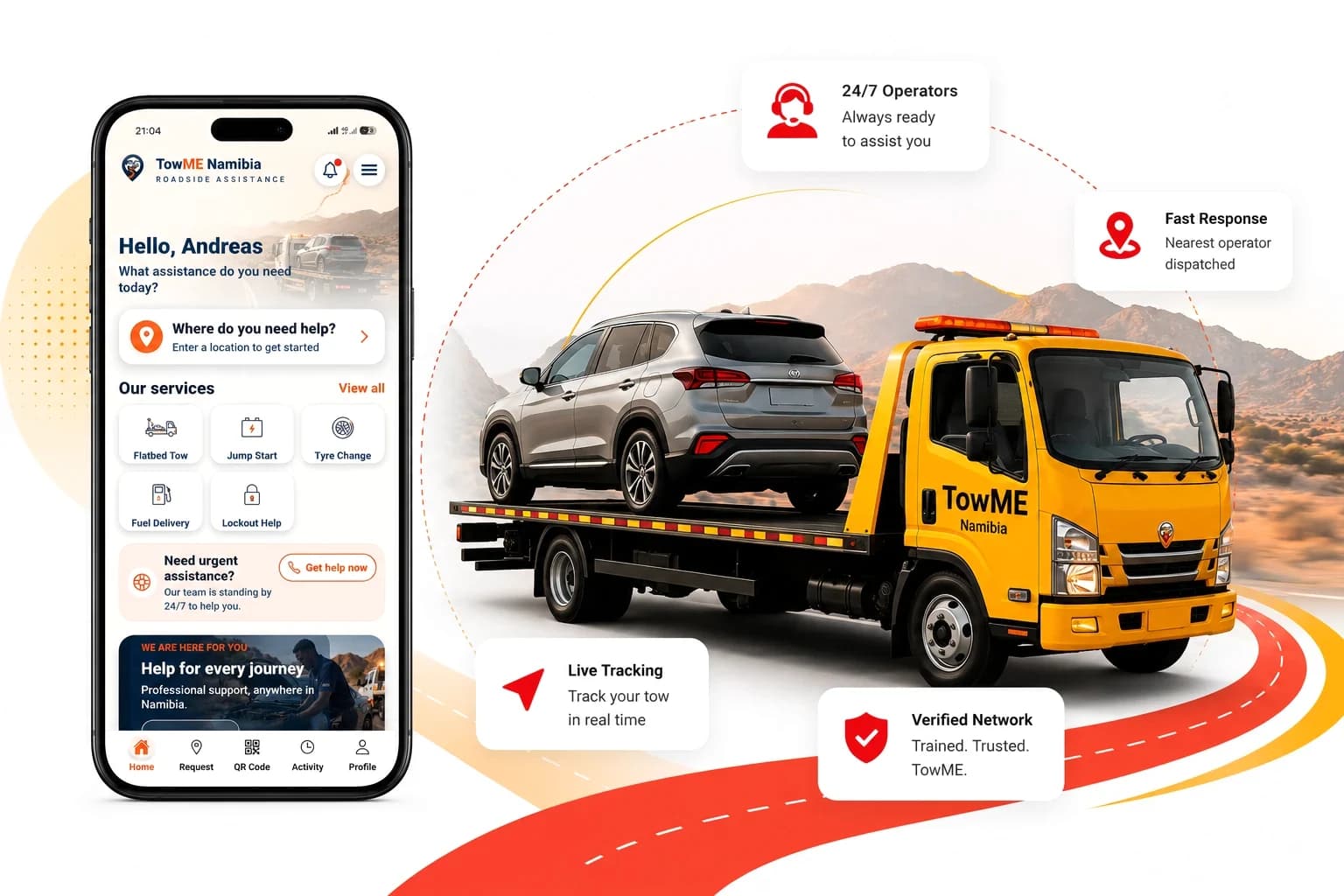 The TowME Namibia app home screen beside a flatbed tow truck on a Namibian road