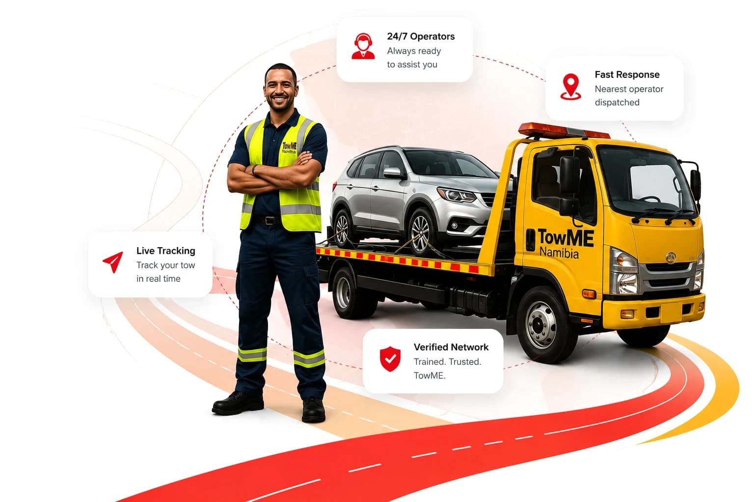 A TowME Namibia operator standing beside a flatbed tow truck carrying a recovered vehicle