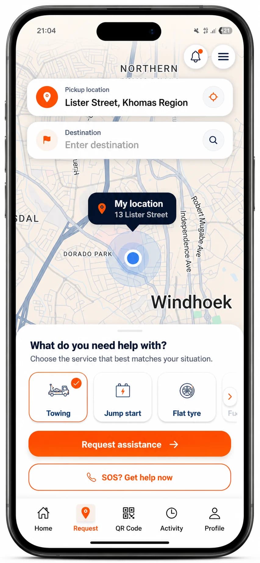 The TowME Namibia client app request screen, showing service selection and pickup location
