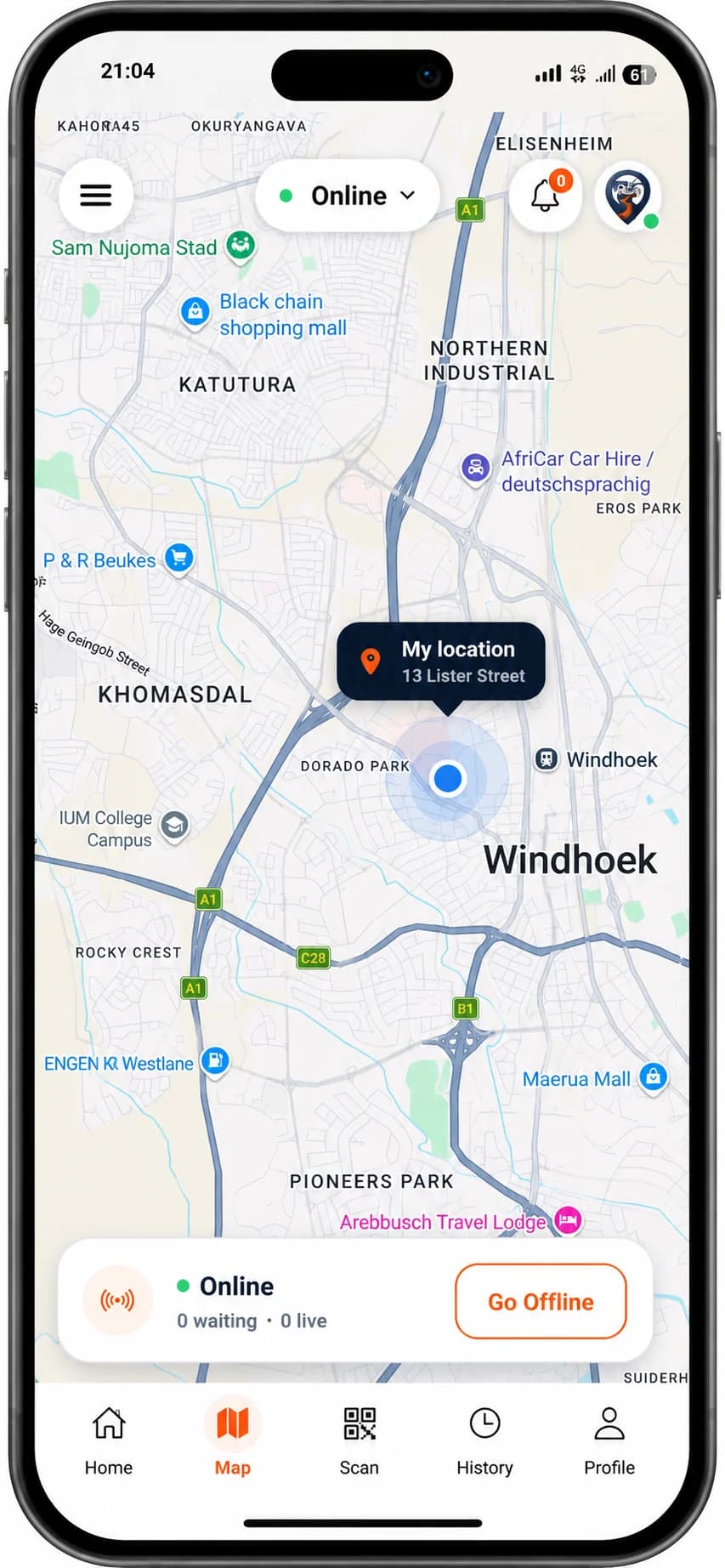 The TowME Namibia operator app map screen, showing online status and the live dispatch board